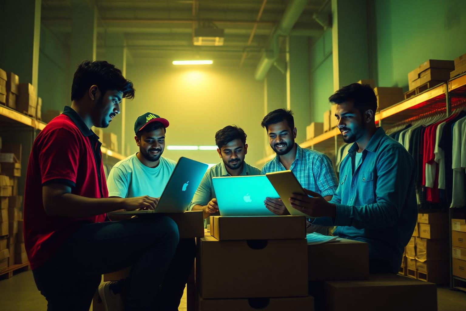 Indian founders collaborating late at night in a warehouse